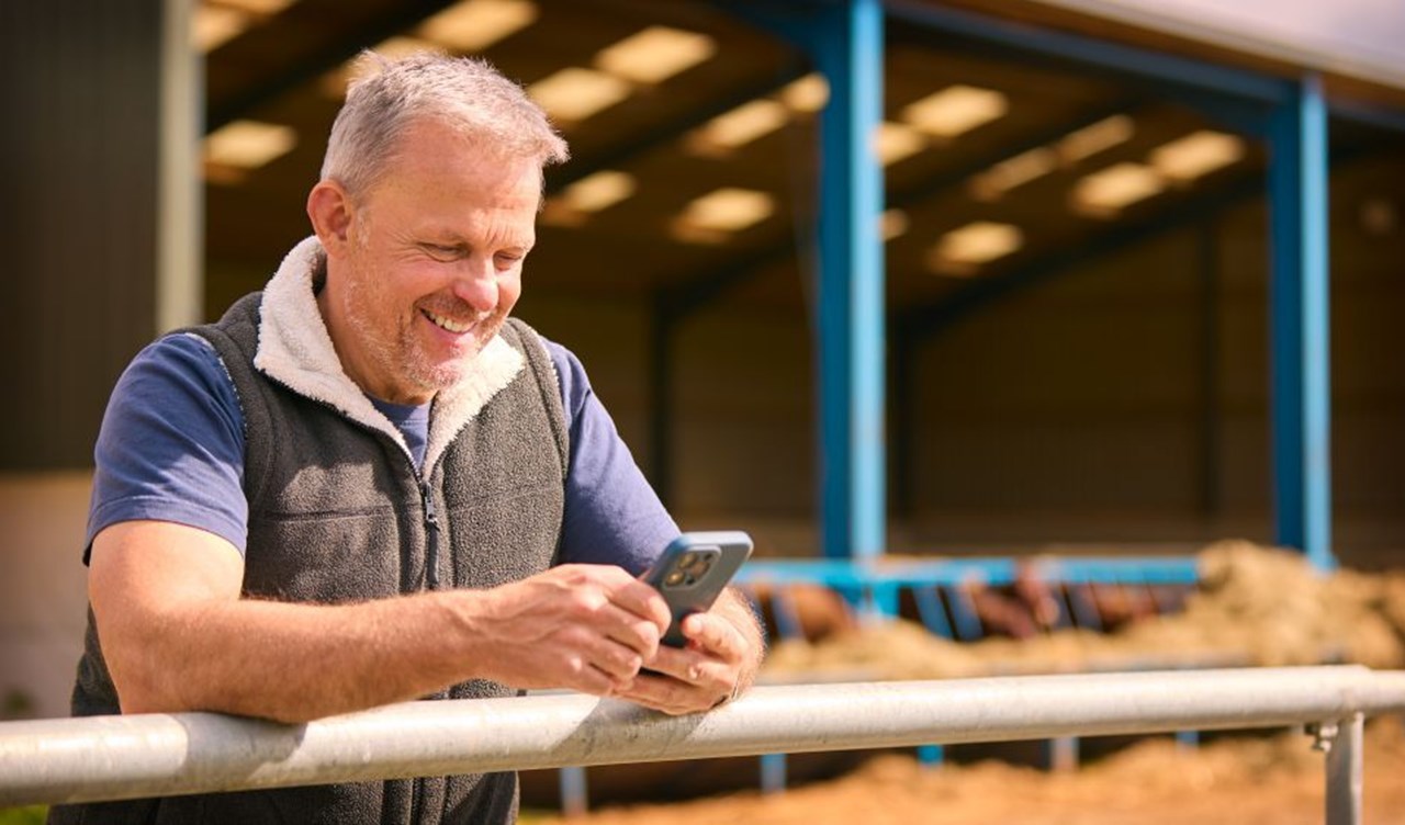 A man outside a farm building looking at a mobile phone.